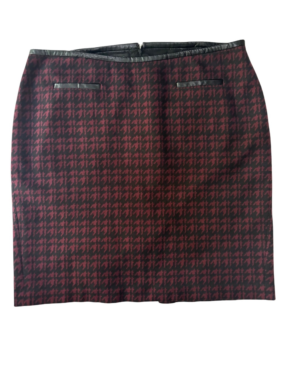 Talbots Woman Houndstooth Pencil Skirt 16W Faux Leather Trim Burgundy